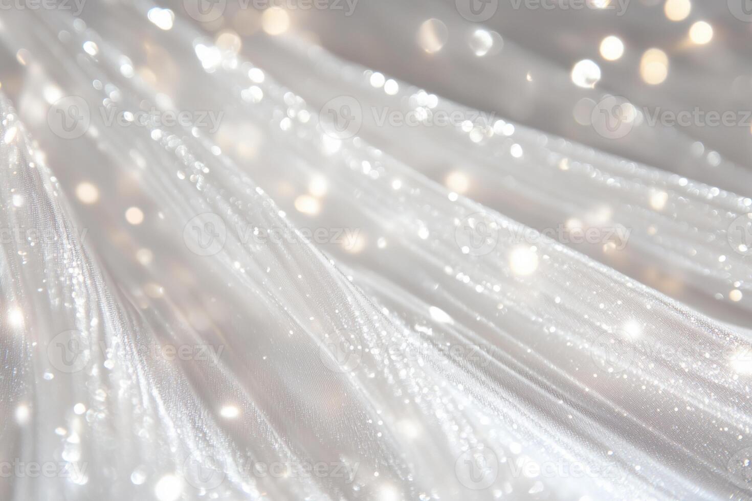 A close-up of flowing white fabric with sparkling glitter and soft bokeh lights, creating a dreamy and elegant atmosphere. photo