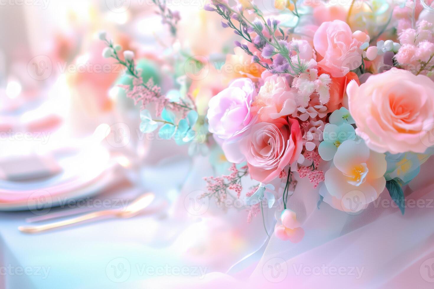 A beautifully arranged bouquet of pastel-colored flowers, including roses and other delicate blooms, set against a softly blurred table setting with elegant dinnerware. photo