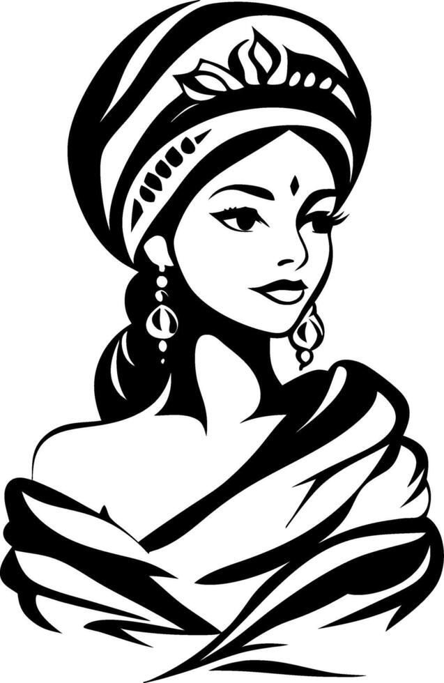 Elegant Indian Woman Portrait in Traditional Attire for Cultural Designs and Tattoos vector