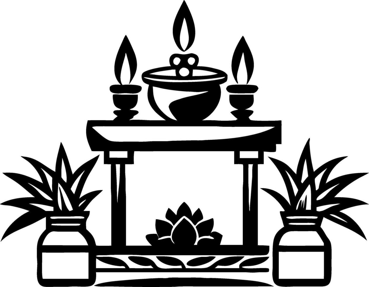 Traditional Altar with Candles Bowl and Plants for Spiritual Practices Meditation and Decor vector