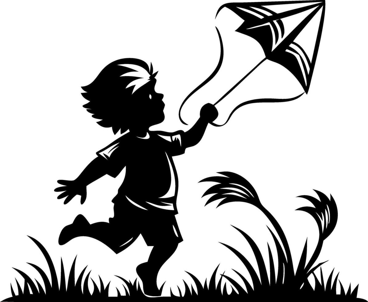 Playful Child Flying a Kite in Grasslands Ideal for Illustrations and Nature-Themed Designs vector