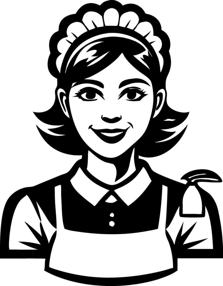Cheerful Female Maid Character with Cleaning Tools Ideal for Vintage Decorative Design vector