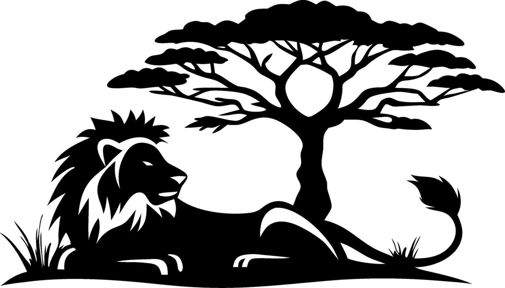 Majestic Lion Silhouette Under Acacia Tree Ideal for Tattoo Design and Nature Decor vector