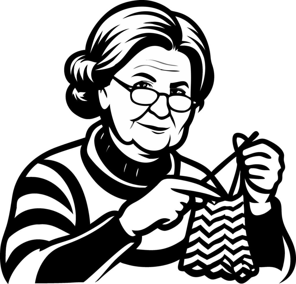 Elderly Woman Knitting Cozy Patterns Charming Vintage Style Design for Crafts and Gifts vector