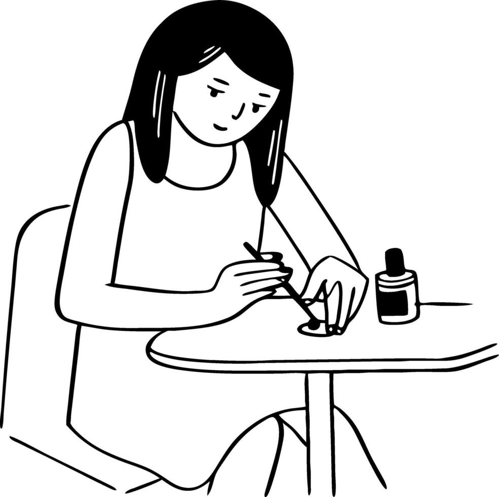 Young Girl Painting Nail Art with Brush and Polish in Creative Workspace vector