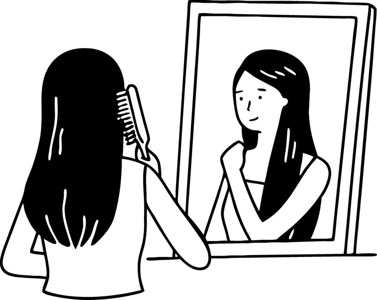 Woman Combing Hair While Looking in Mirror Minimalist Line Drawing Fitness Self-Care Illustration vector