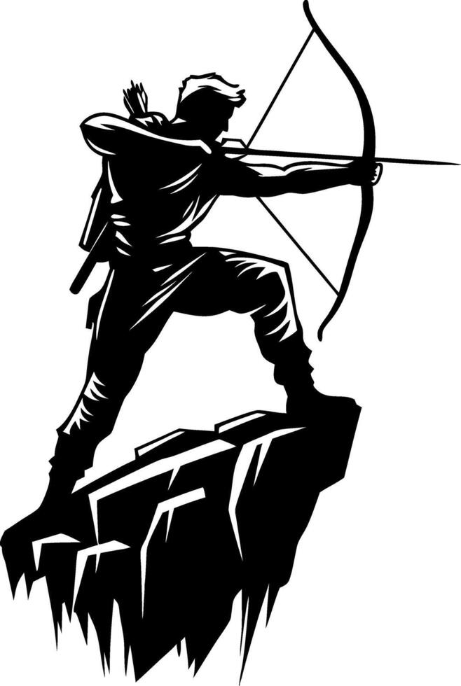 Archer Silhouette on Cliff with Bow and Arrow Ideal for Tattoo Designs and Outdoor Themes vector