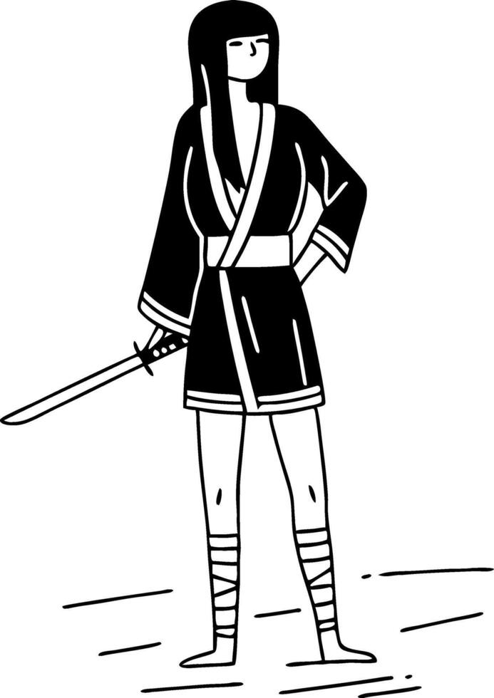 Stylized Woman Samurai Holding Sword in Traditional Attire Minimalist Illustration vector