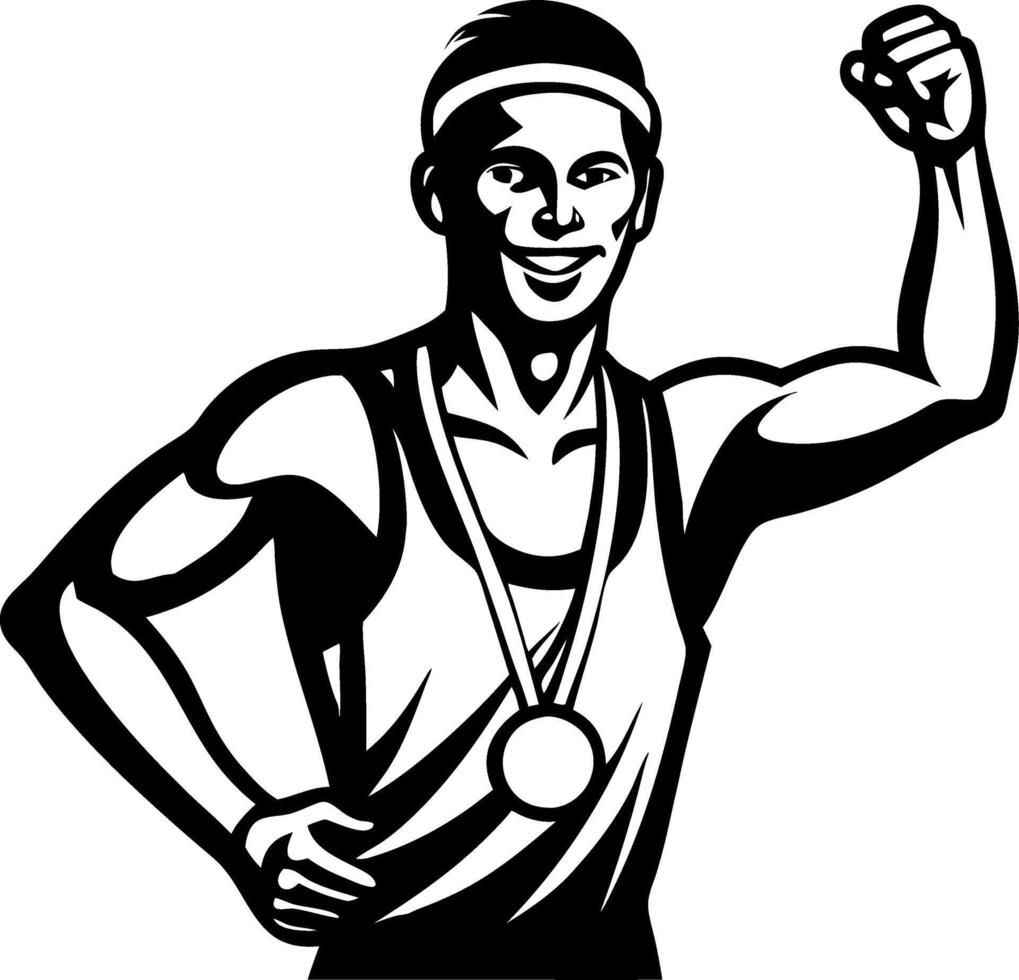 Victorious Male Athlete Celebrating with Medal and Raised Fist for Fitness and Motivation vector