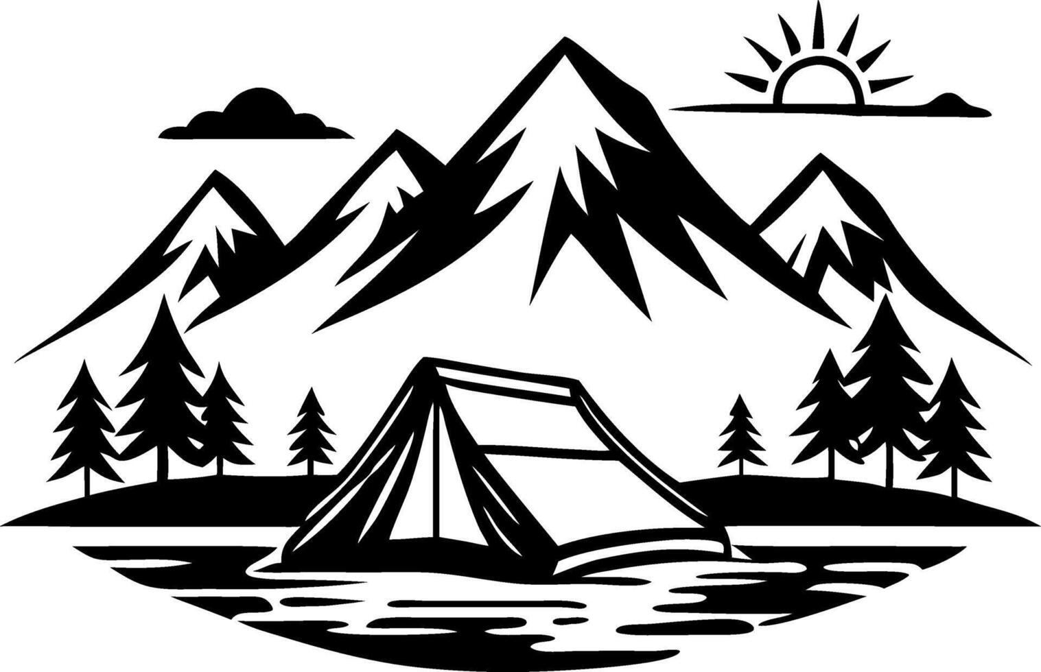 Scenic Mountain Camping Illustration with Tent Lake Trees and Sunrise vector