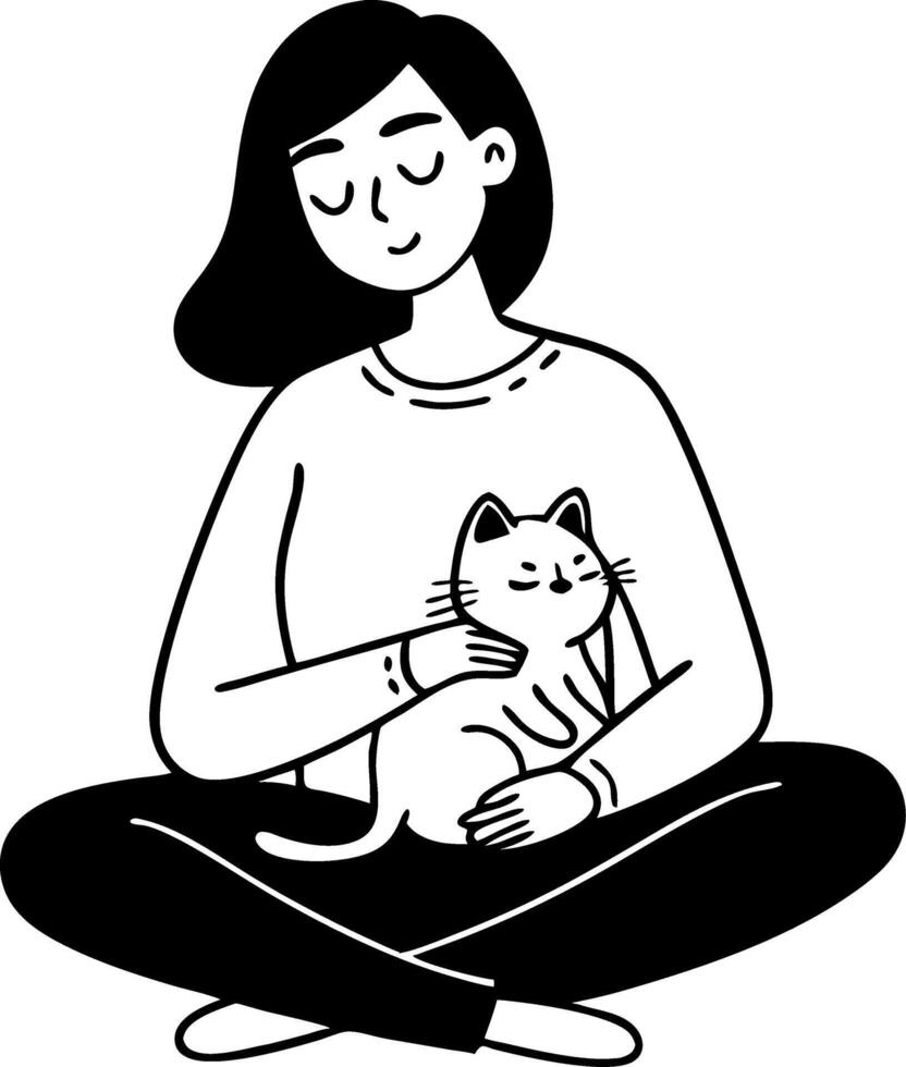 Woman Sitting Cross Legged Cuddling a Cat Illustration for Pet Lovers and Home Decor vector
