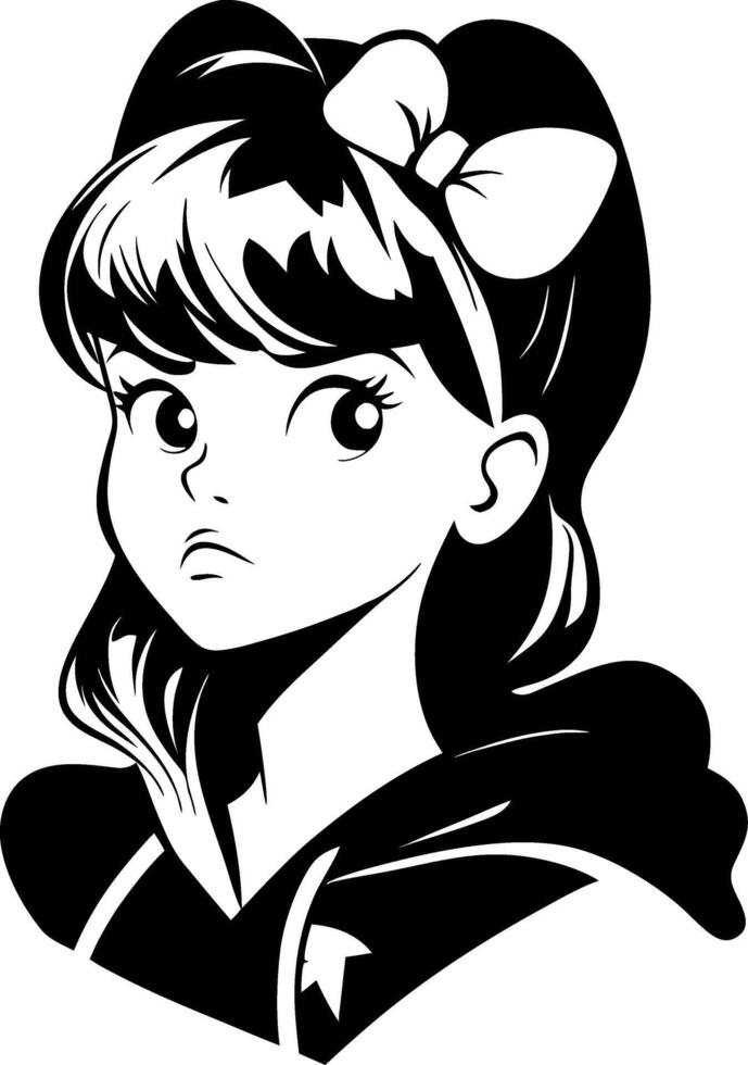 Stylized Cartoon Girl with Bow Expressing Strength and Determination in Black Art vector