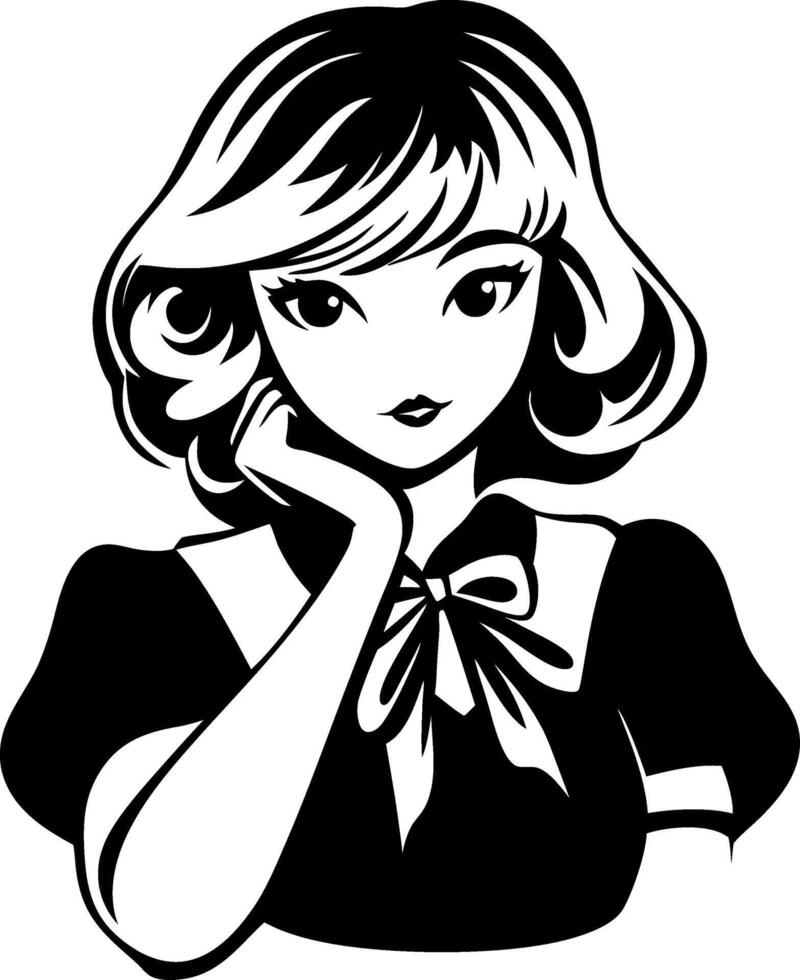 Charming Vintage Girl with Bow and Wavy Hair Ideal for Tattoo Designs and Art Projects vector