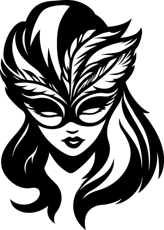 Elegant Feathered Masked Woman Portrait for Tattoo Design and Coloring Book Illustrations vector