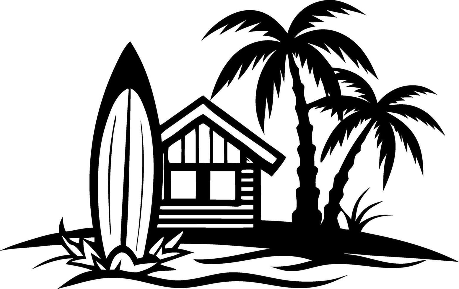 Tropical Surf Shack with Palm Trees and Surfboard Scenic Design for Beach Lifestyle Decor vector