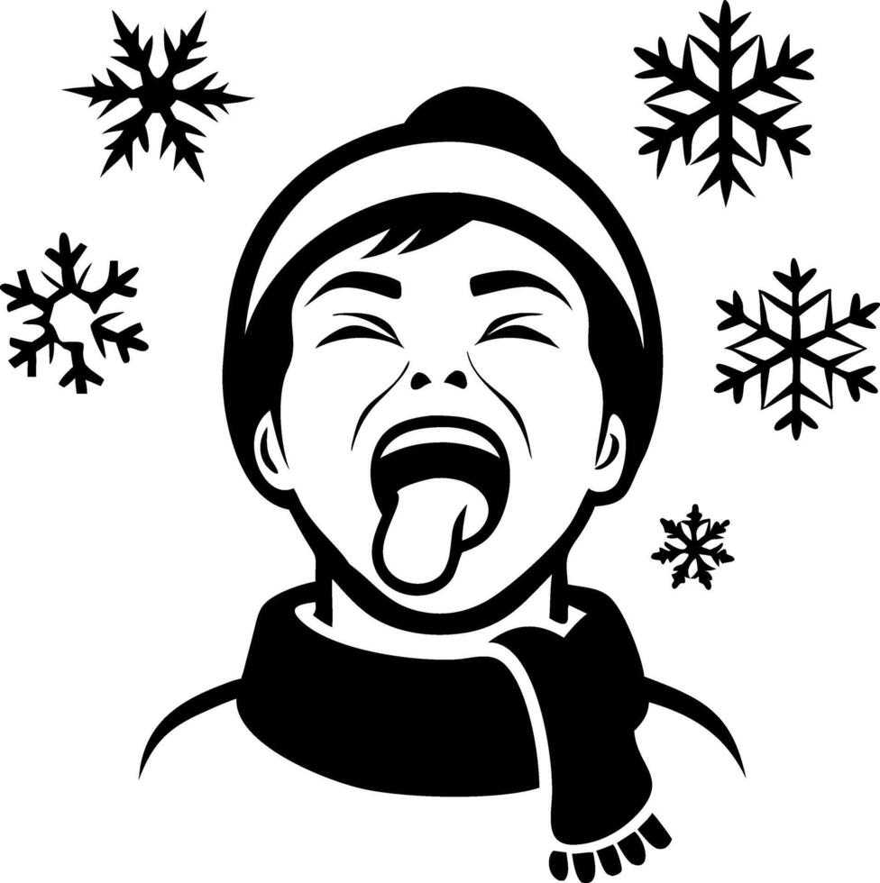 Child Enjoying Winter Snowflakes Sticking Out Tongue in Warm Scarf Art Design vector
