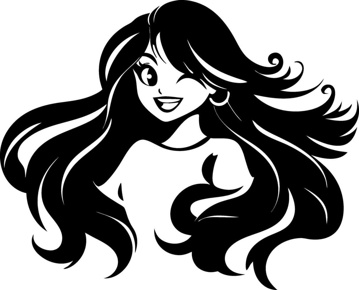 Cheerful Girl with Flowing Hair Cartoon Illustration for Coloring Books and Tattoo Designs vector
