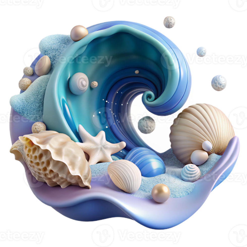 vibrant modern Ocean Wave and Seashells Transparent for Beach Decor premium png