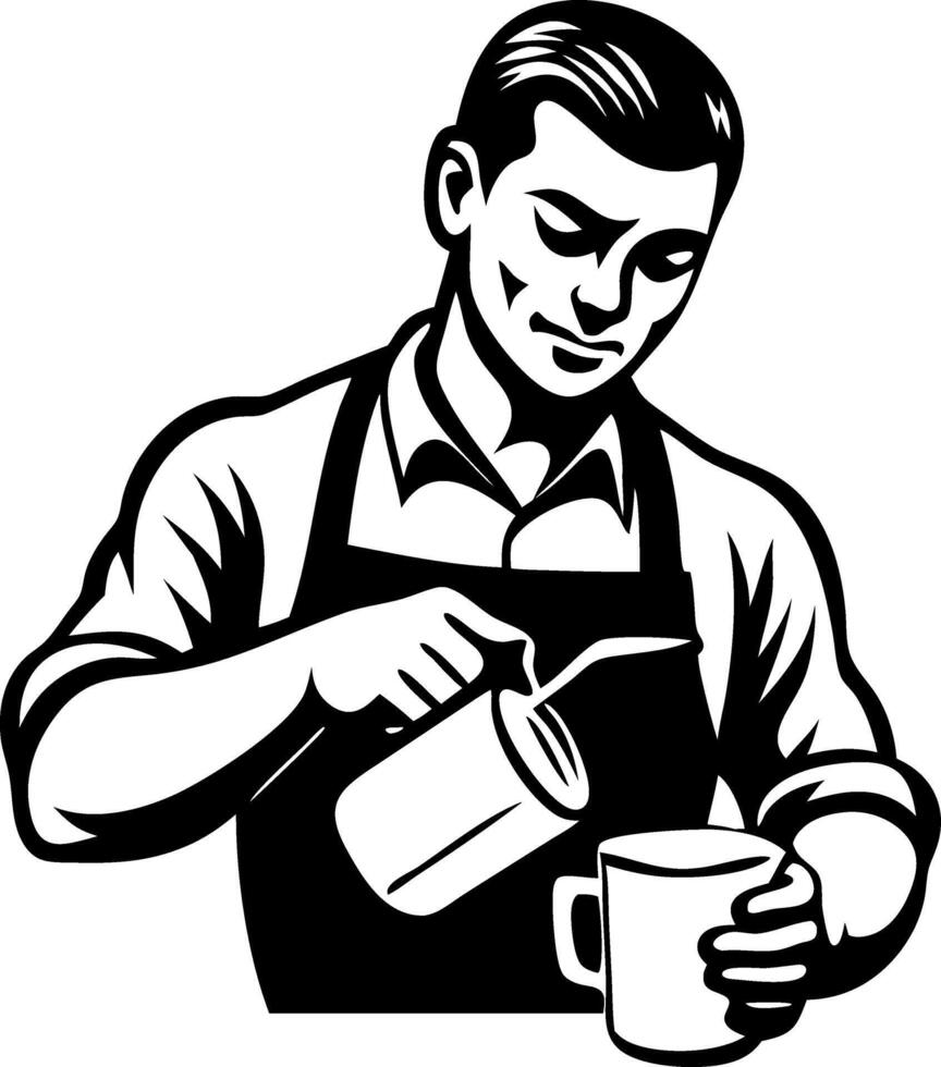 Barista Making Coffee Art with Milk Frother in Apron for Coffee Shop Illustrations vector