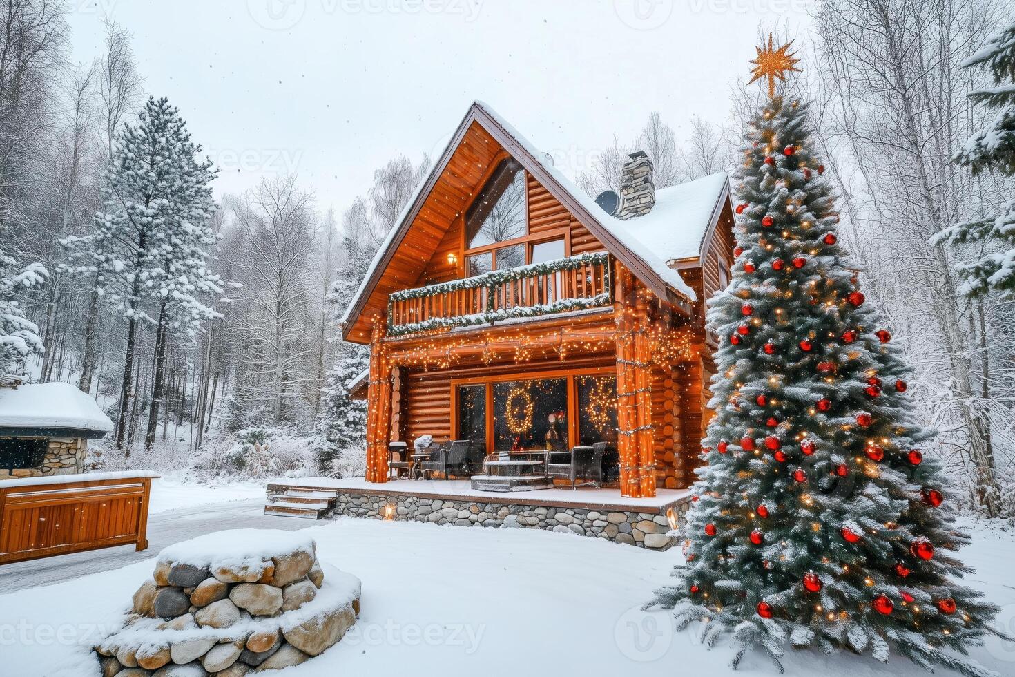 A log cabin with a christmas tree in the snow photo