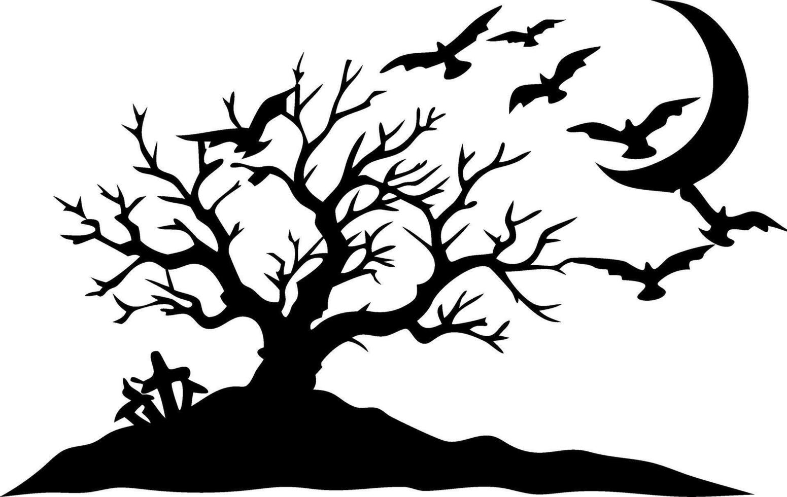 Spooky Gothic Tree with Bats and Crescent Moon in Black Silhouette for Halloween Decor vector