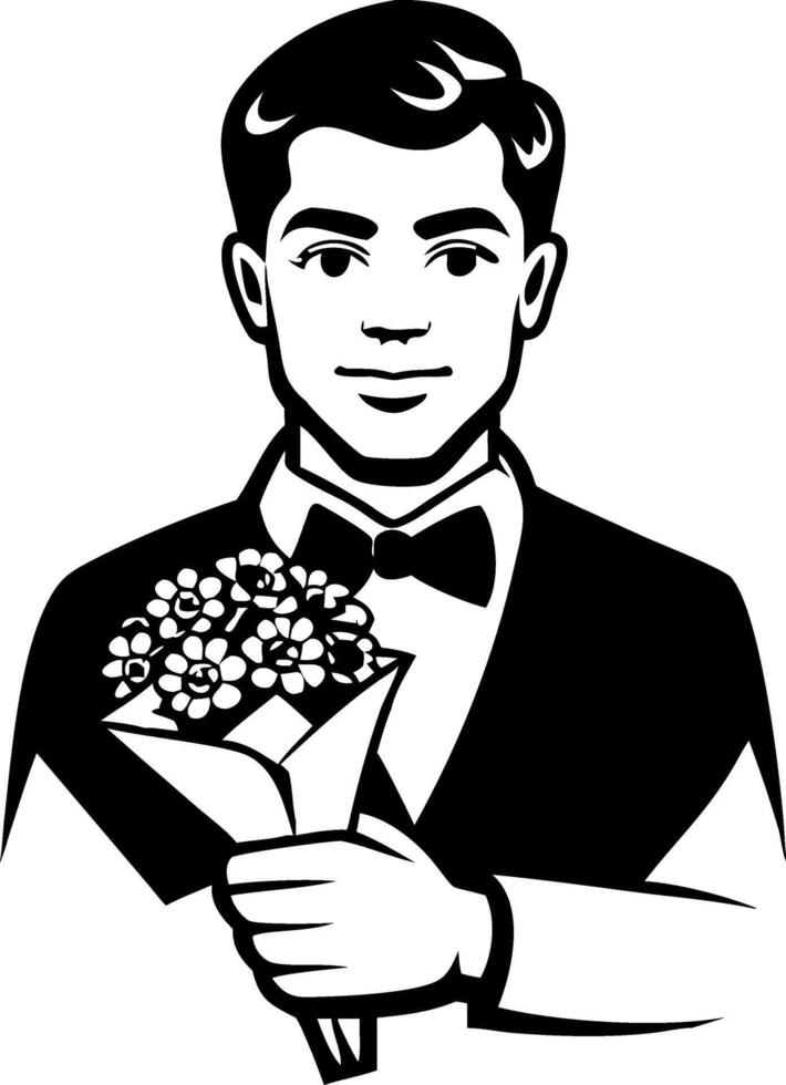 Elegant Young Man in Tuxedo Holding a Bouquet of Flowers for Romantic Gesture vector