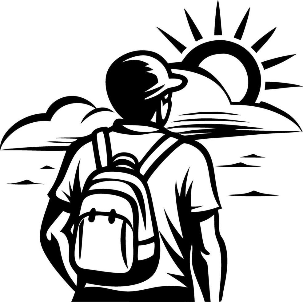 Hiker Staring at Sunset Over Ocean with Backpack for Outdoor Adventure Inspiration vector