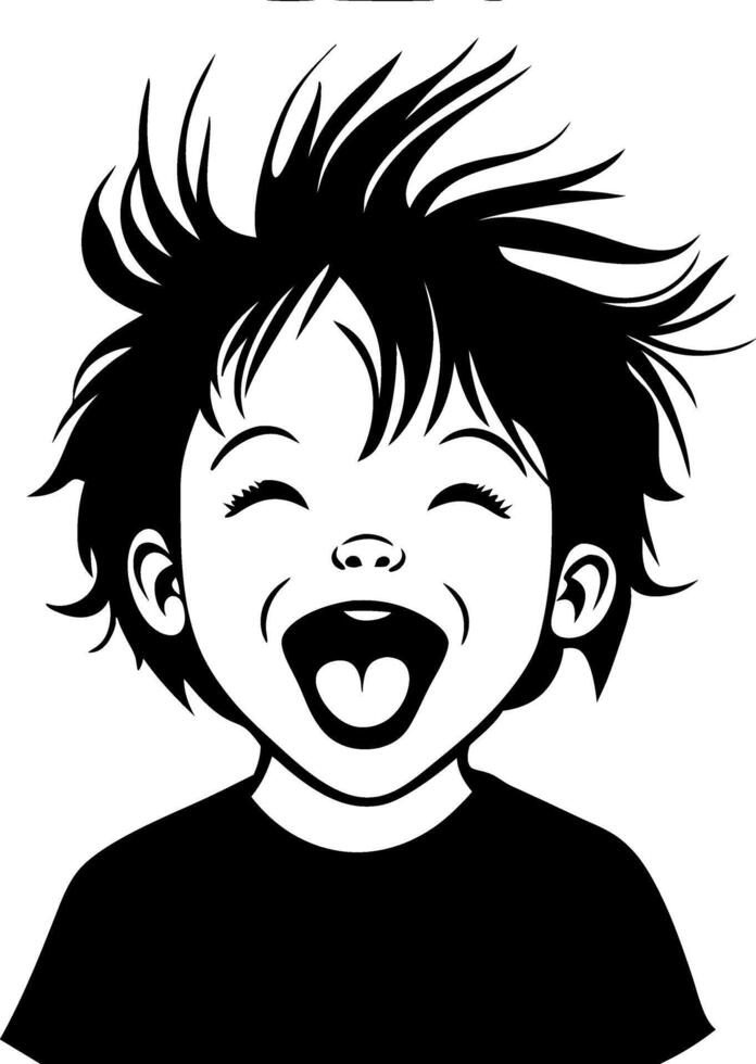 Joyful Smiling Child with Wild Hair Face Graphic for Tattoo Design and Coloring Book vector