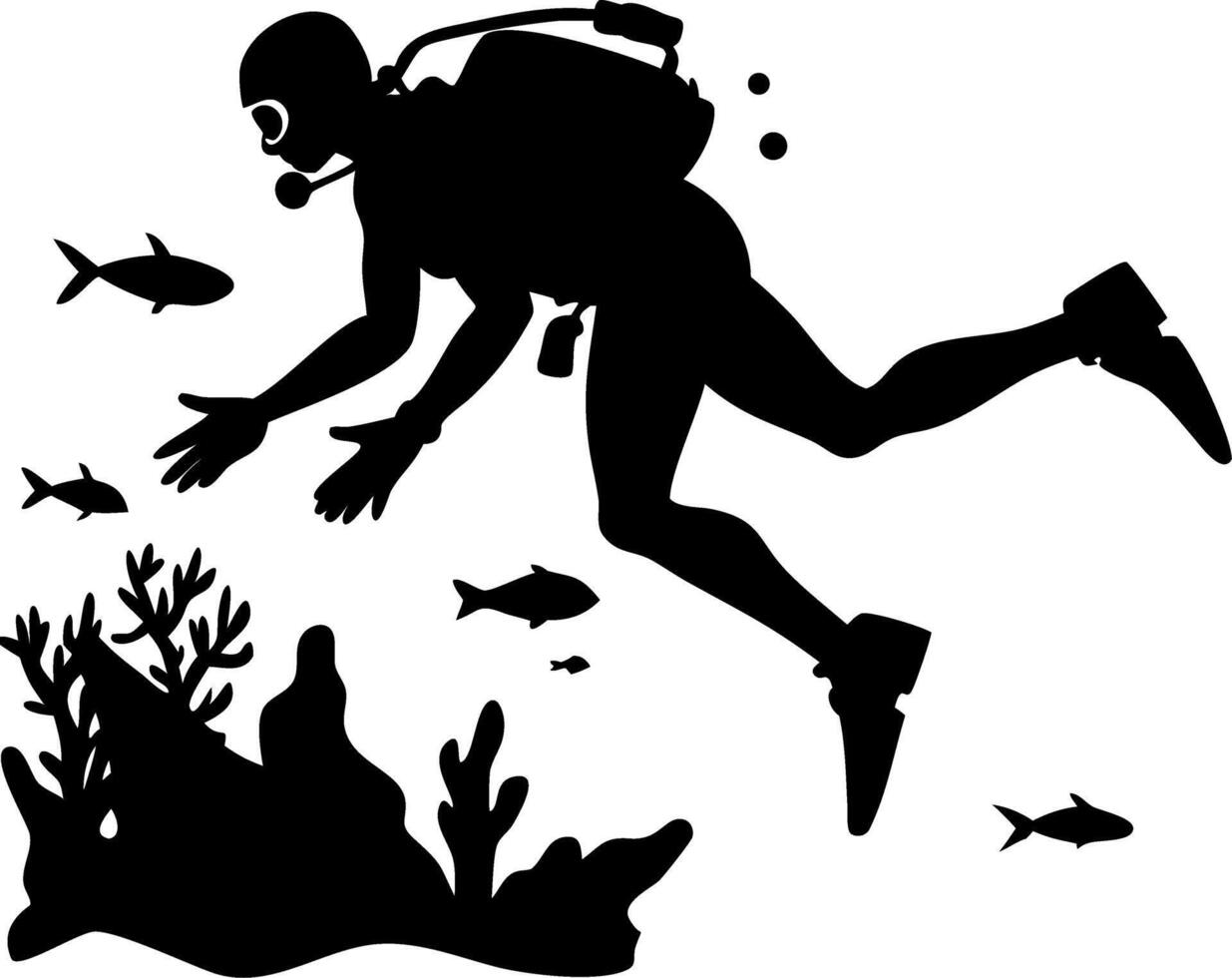 Diving Silhouette with Coral Reef and Fish Underwater Scene for Marine Art Projects vector