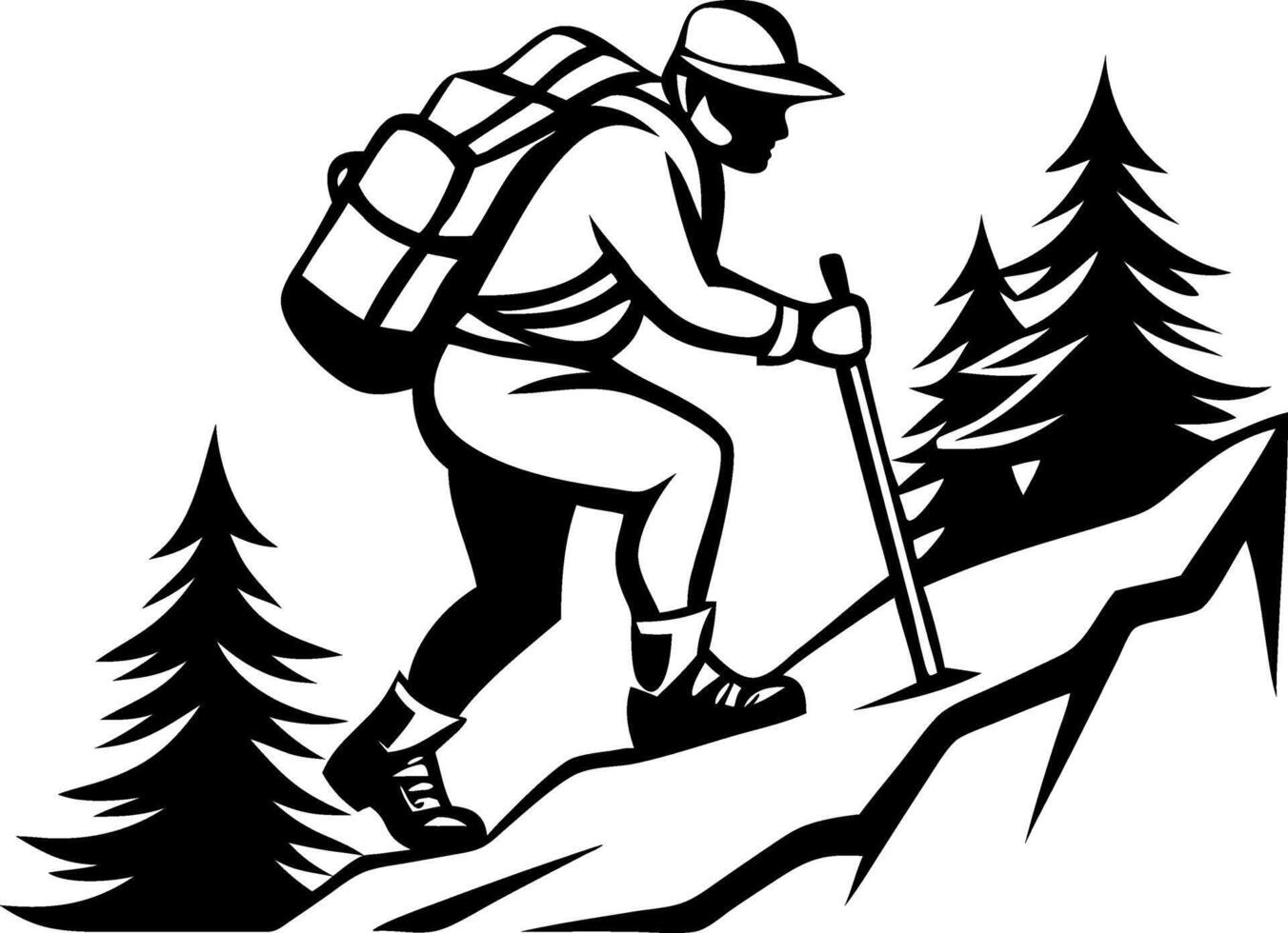 Hiking Adventurer Climbing Mountain Trail with Backpack and Walking Stick Among Pine Trees vector