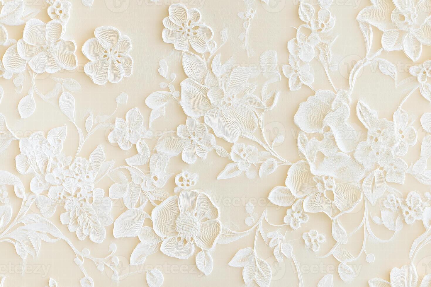 Seamless textured wall featuring intricate white floral designs, showcasing various flowers and leaves in a delicate, embossed style against a soft beige background. Wedding texture background. photo