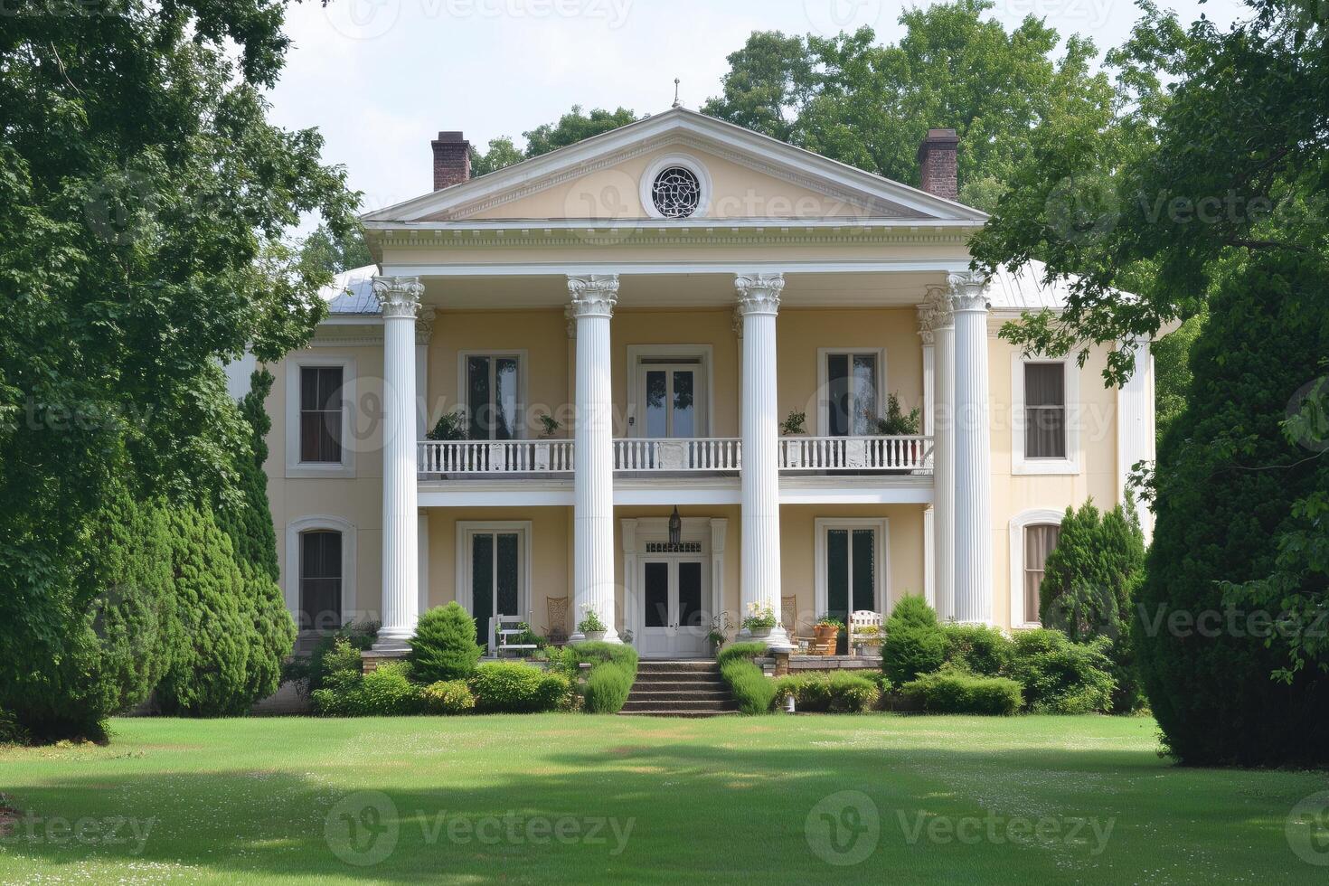 A large white house with columns and a lawn photo