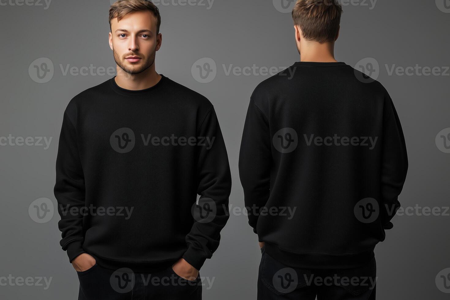 Two men in black sweatshirts mock up on gray background photo