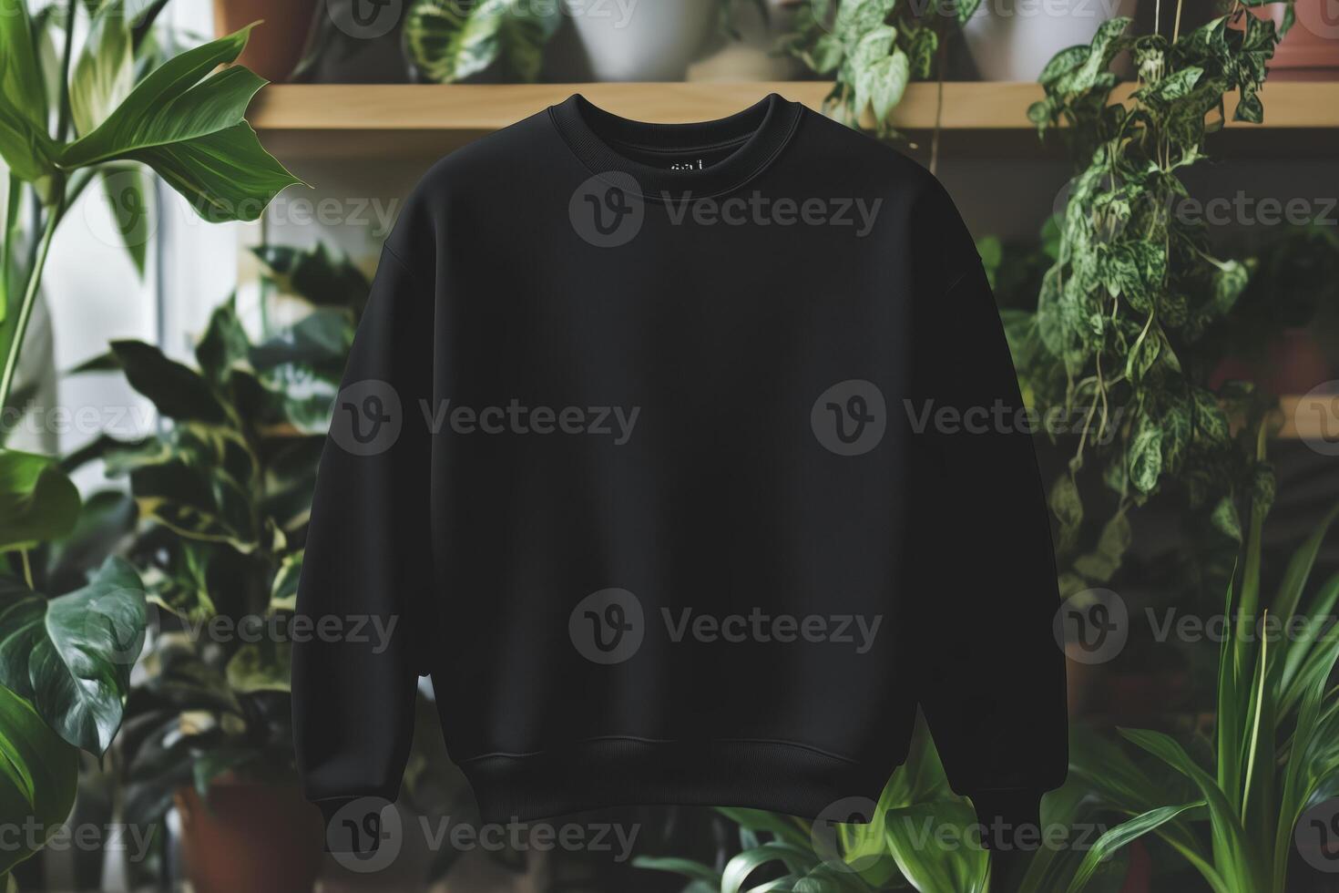 A black sweatshirt mockup against a backdrop of lush green plants. The garment is hanging in a well-lit area, showcasing its simple and stylish design. photo