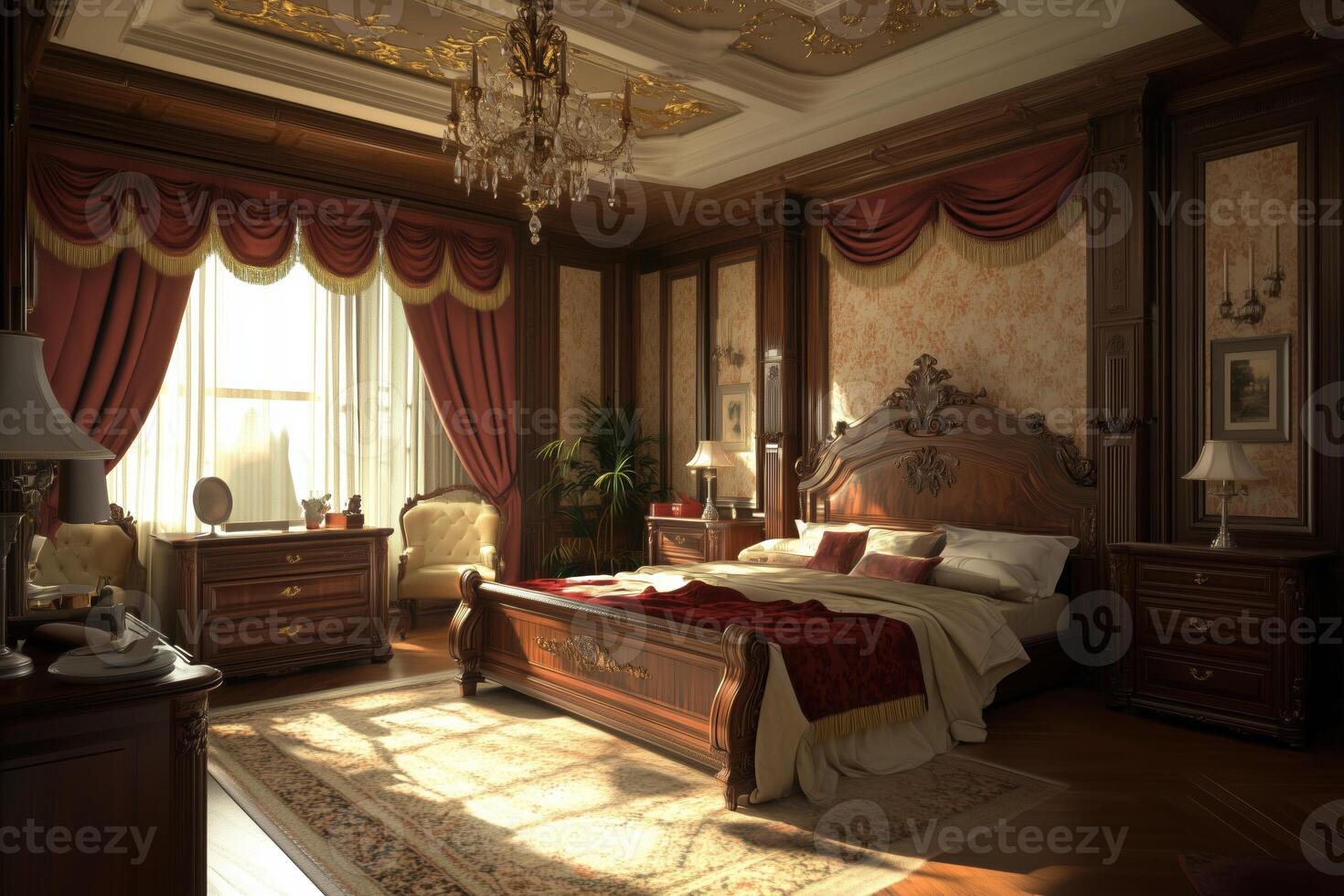 A bedroom with a large bed and a chandelier photo