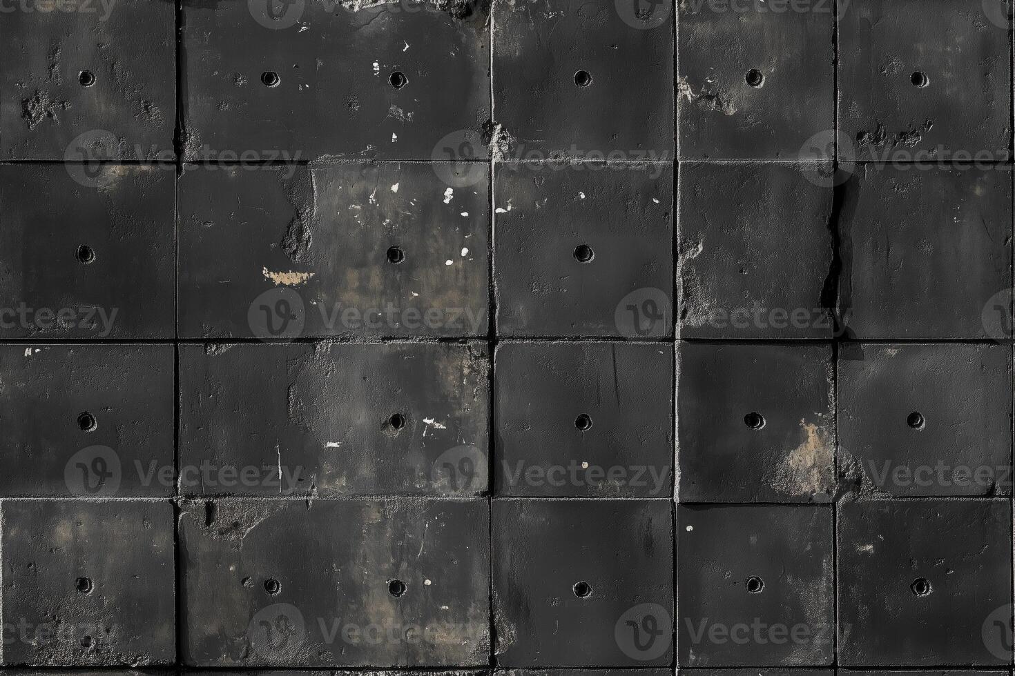 Seamless textured wall made of large, dark rectangular panels with visible wear and tear. Some panels show signs of damage and discoloration, with small holes present in a grid pattern. photo