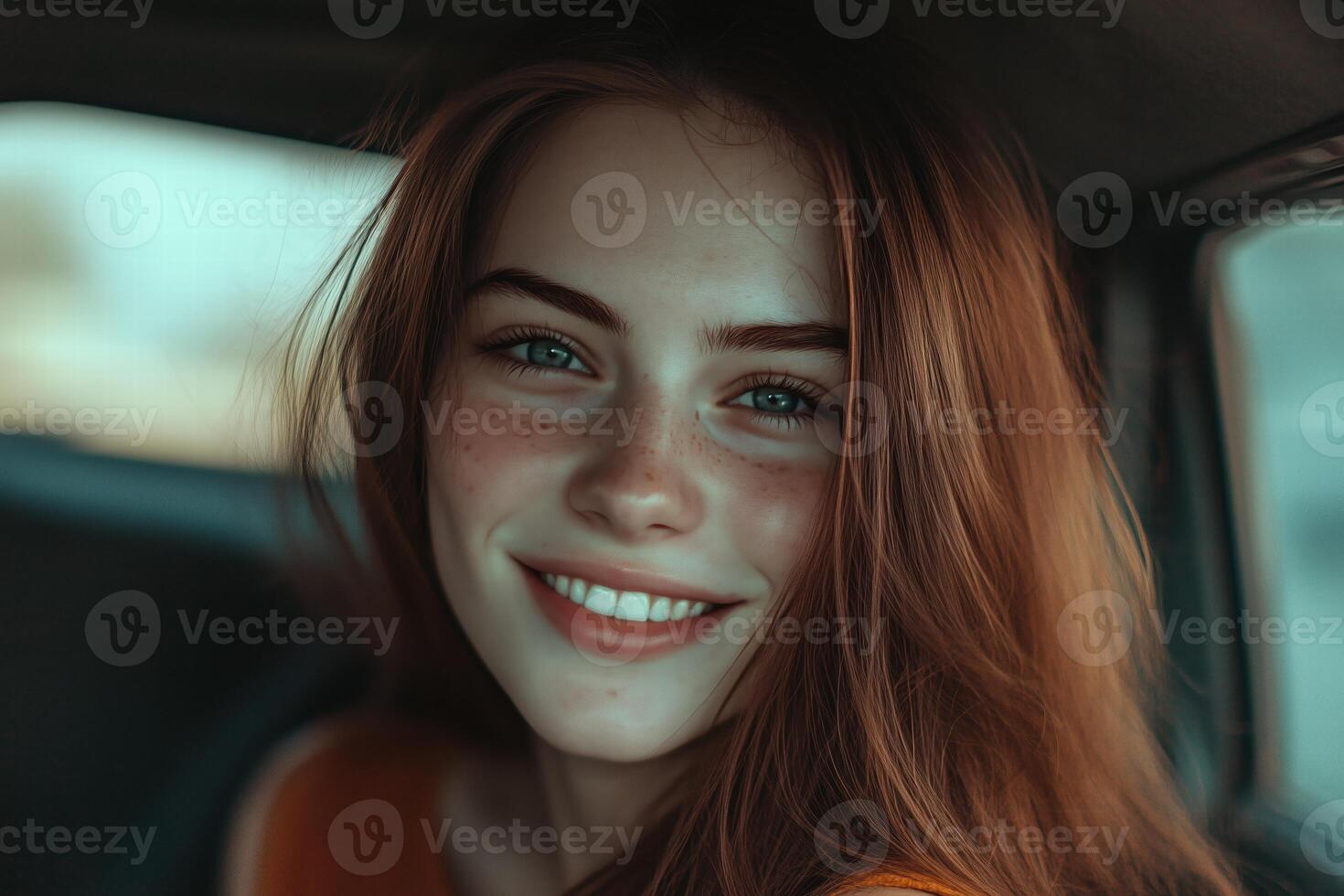 A woman with freckles smiling in a car photo