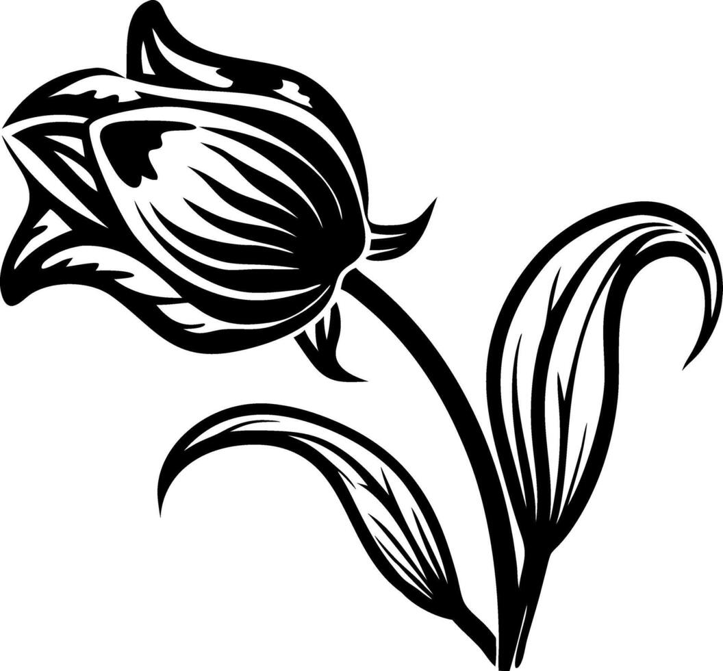 Elegant Black Floral Design Featuring Stylized Tulip and Leaves for Tattoo or Coloring Projects vector