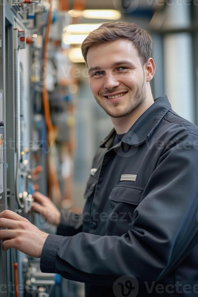 A man in a black jacket standing in front of a machine photo