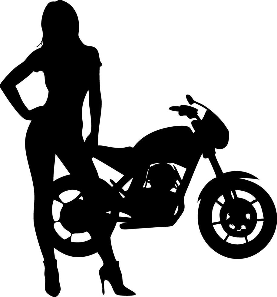 Stylish Silhouette of a Woman Posing Next to a Modern Motorcycle for Fashion and Art Design vector