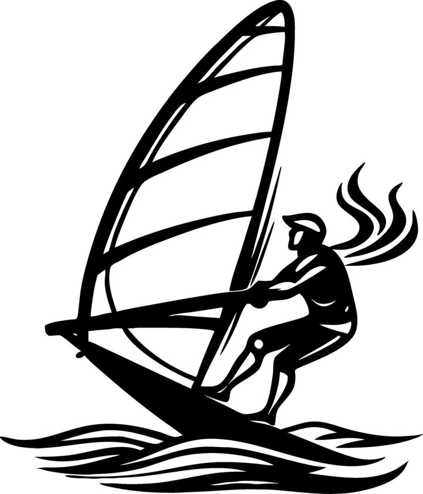 Windsurfing Silhouette with Dynamic Waves and Rider in Action Retro Style Graphic Design vector