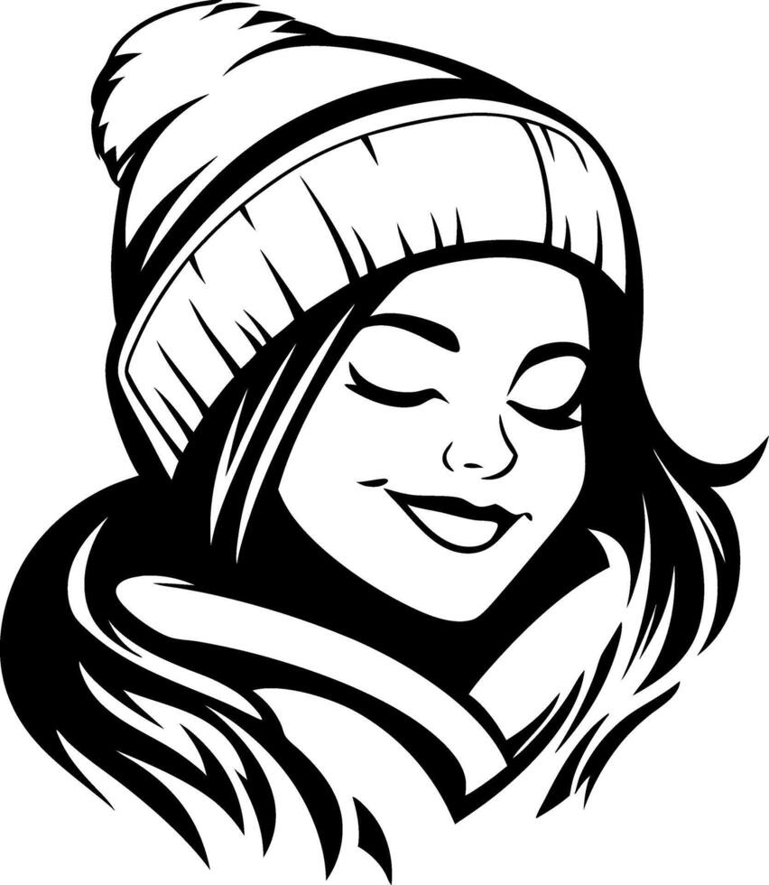 Smiling Winter Girl with Beanie and Long Hair for Apparel and Tattoo Design vector
