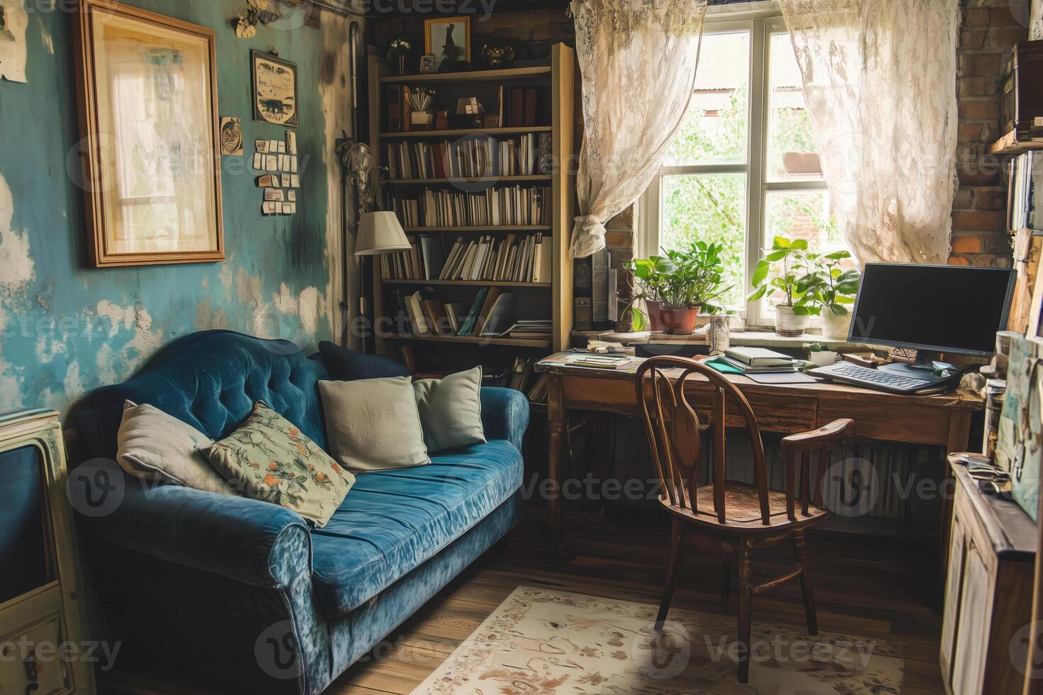 A blue couch in a room photo