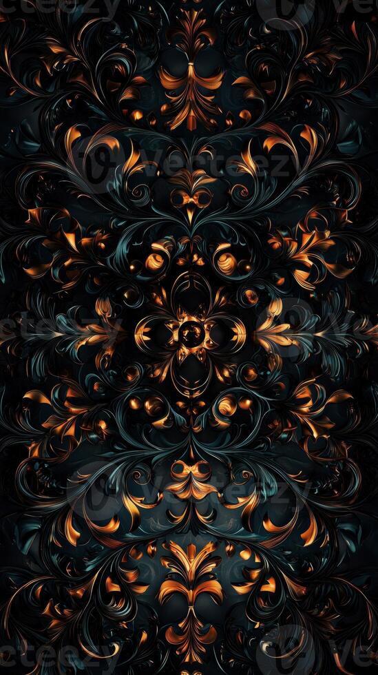 A richly detailed abstract pattern featuring intricate swirls and floral motifs in gold and dark tones, creating a luxurious and elegant appearance. photo