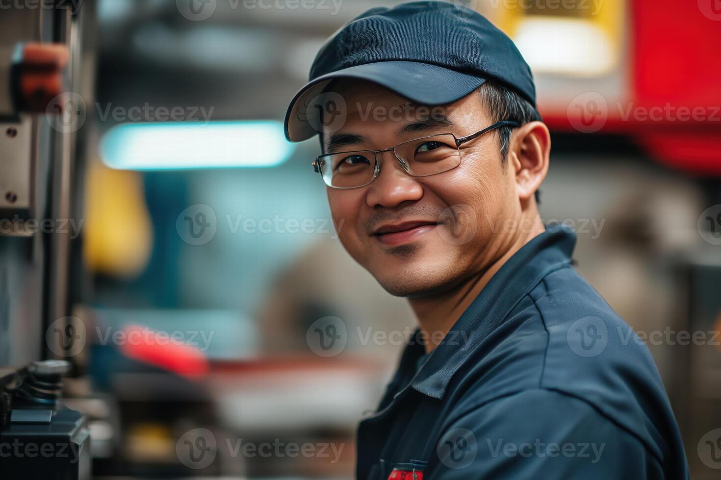 A smiling CNC machine operator man wearing glasses and a cap, working in a workshop environment. He appears focused and content, with machinery and tools in the background. photo