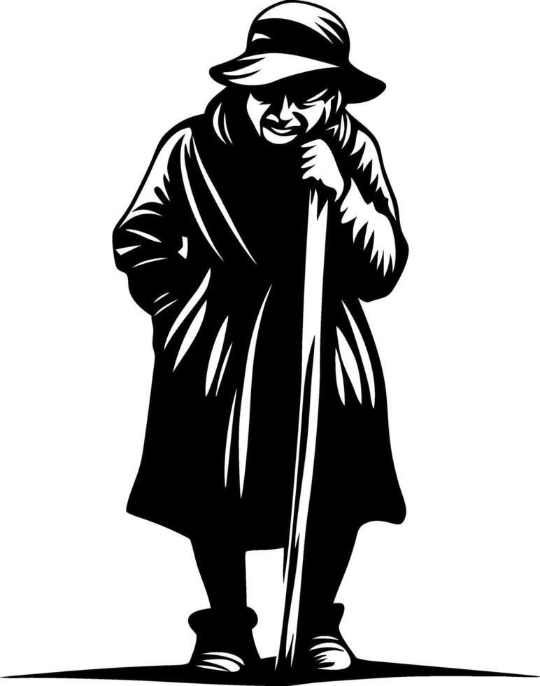 Elderly Woman with Cane in Stylish Coat and Hat Character Design for Illustrations and Tattoos vector
