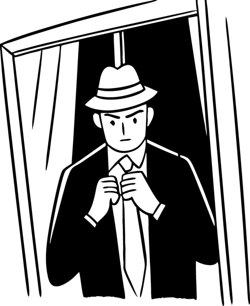 Dapper Man Adjusting Tie in Window Frame Stylish Detective Illustration for Design Projects vector