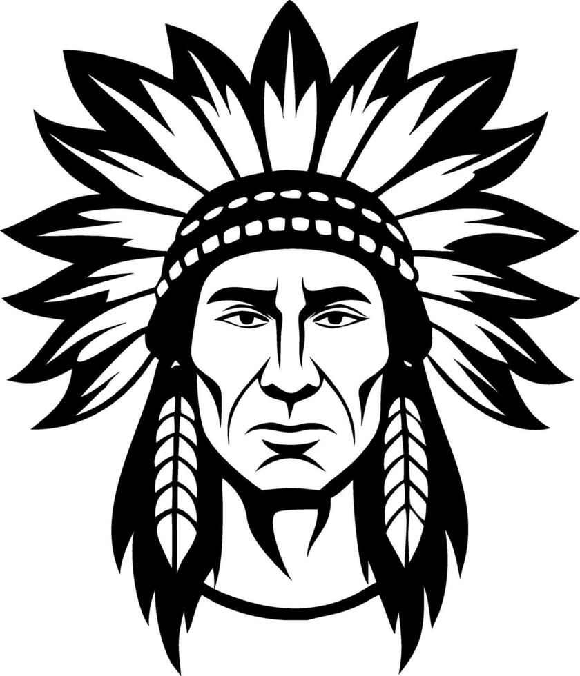 Detailed Black and White Indian Chief Illustration with Feather Headdress for Design Projects vector