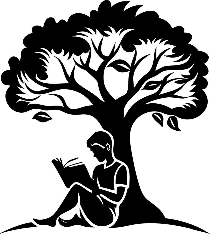 Young Reader Under Tree Reading Book in Peaceful Natural Setting vector