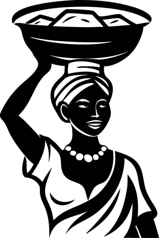 Empowered Woman Carrying Bowl on Head Symbolizing Strength and Resilience for Cultural Art vector